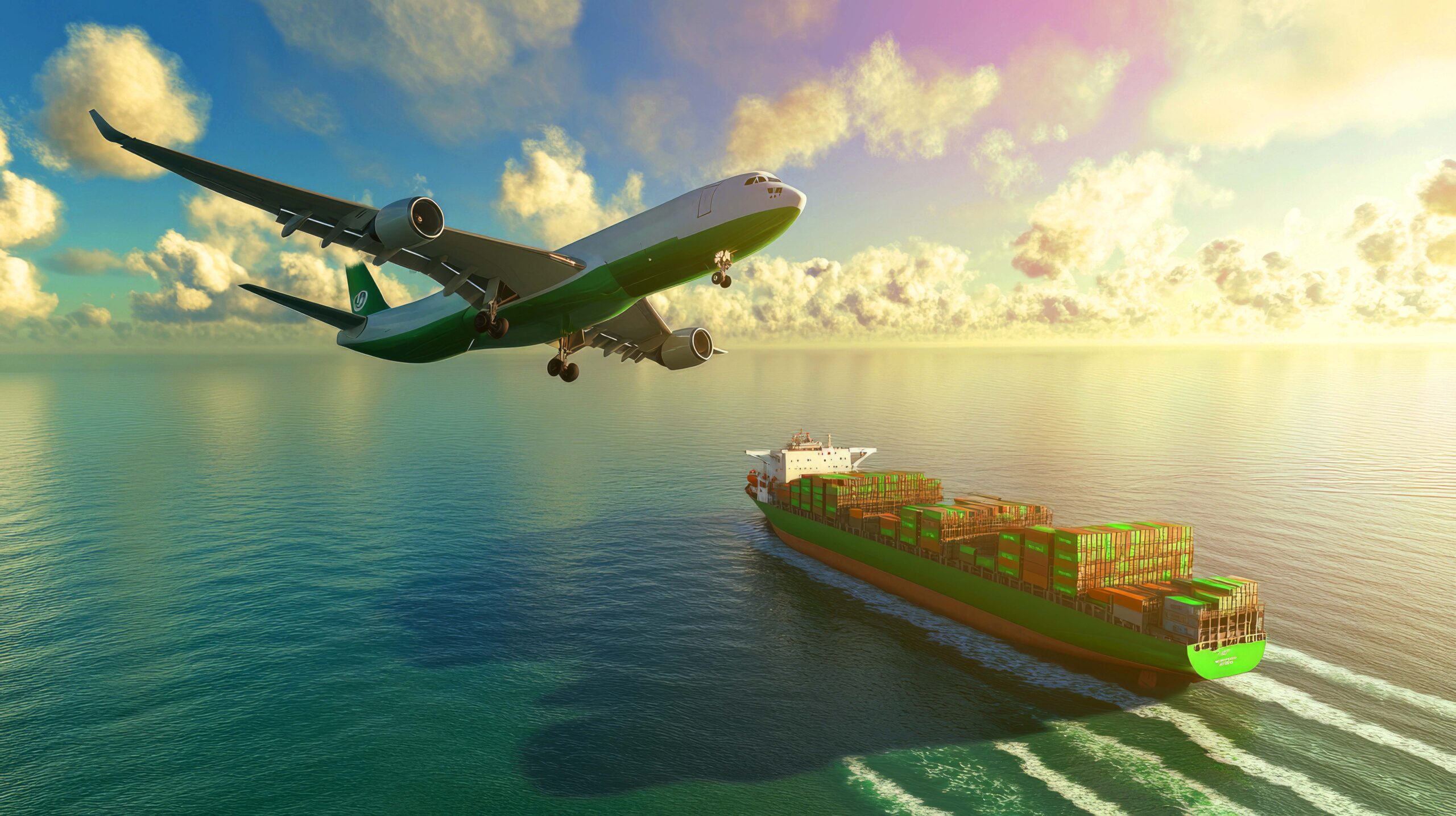 Cargo Plane Flying Over a Container Ship at Sea