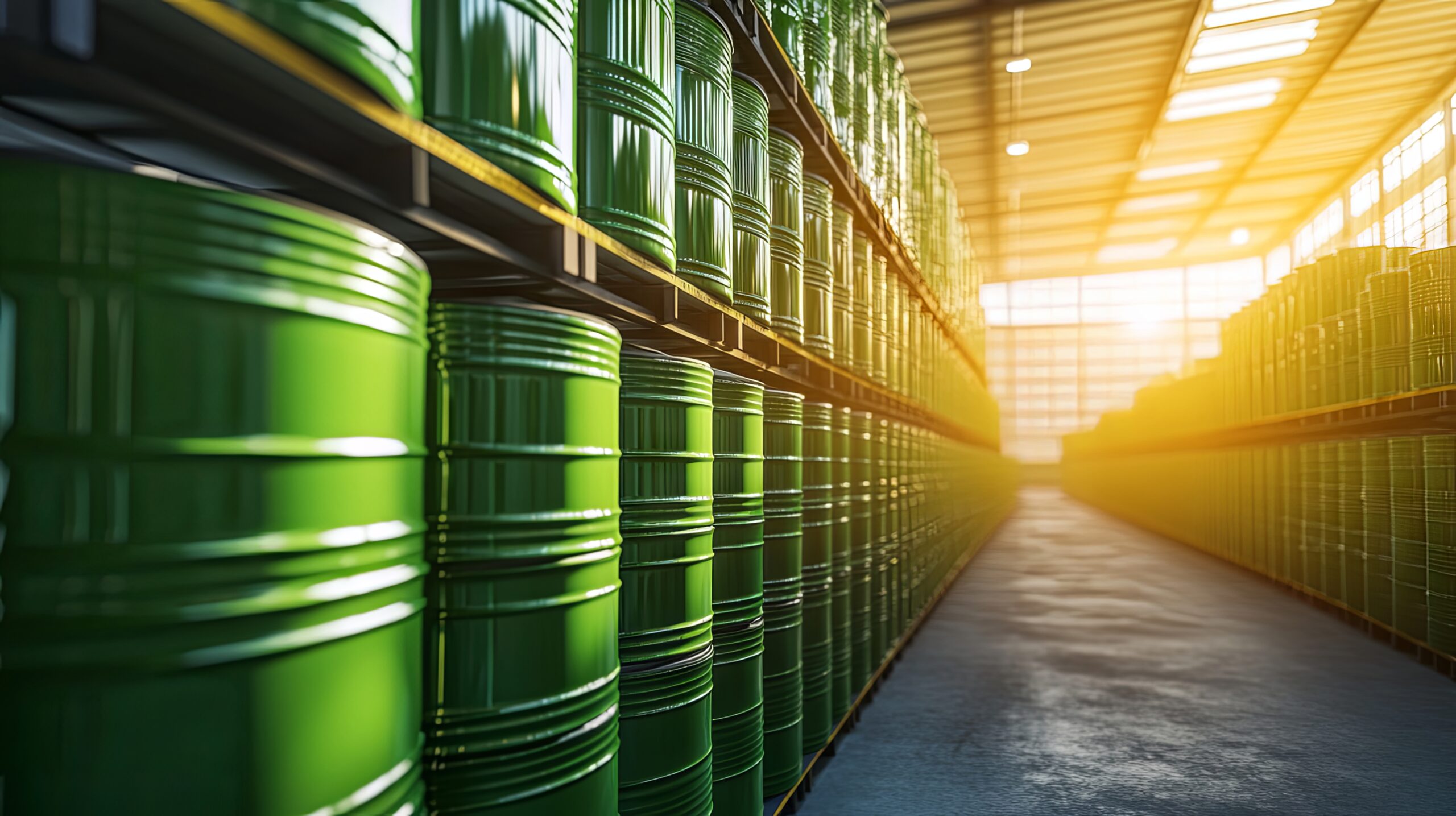 green-barrels-stacked-warehouse